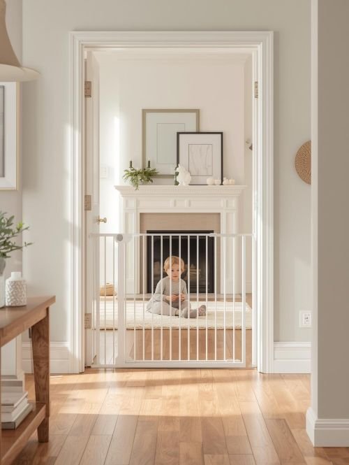 cozy family living room with a baby safety gate installed around a fireplace.