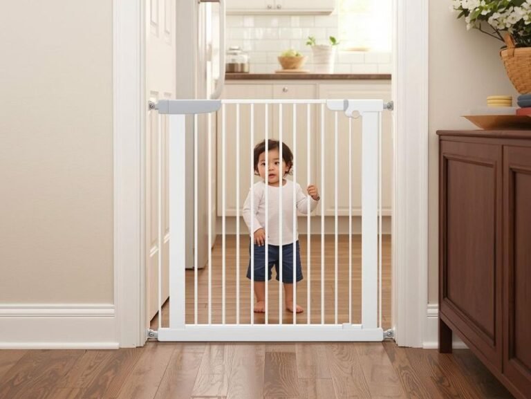 A toddler standing behind a pressure mounted baby gate