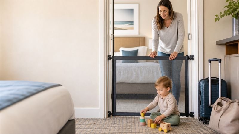 mother setting up a baby travel gate in a hotel room