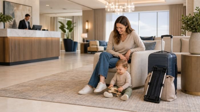 Mother and baby in hotel lobby with suitcase and best baby travel gate 