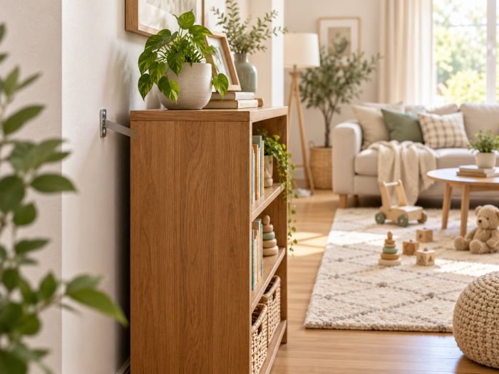 A bookcase anchored to the wall for living room safety