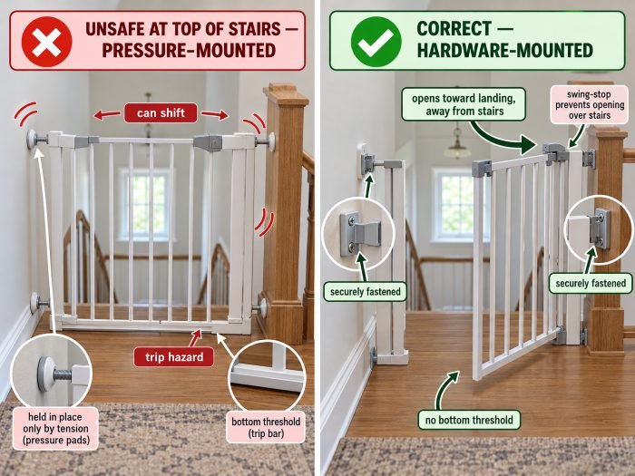 showing the right and wrong way of installing a gate for the top of the stairs