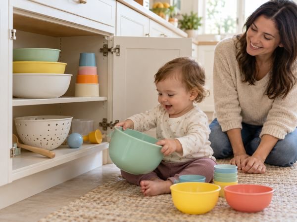 Baby playing with safe kitchen utensils from an open cupboard