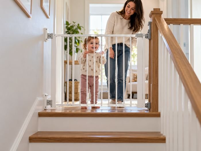 Mother checking baby gate for top of the stairs with her child
