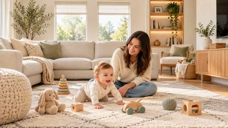 mom and baby playing on the living room floor