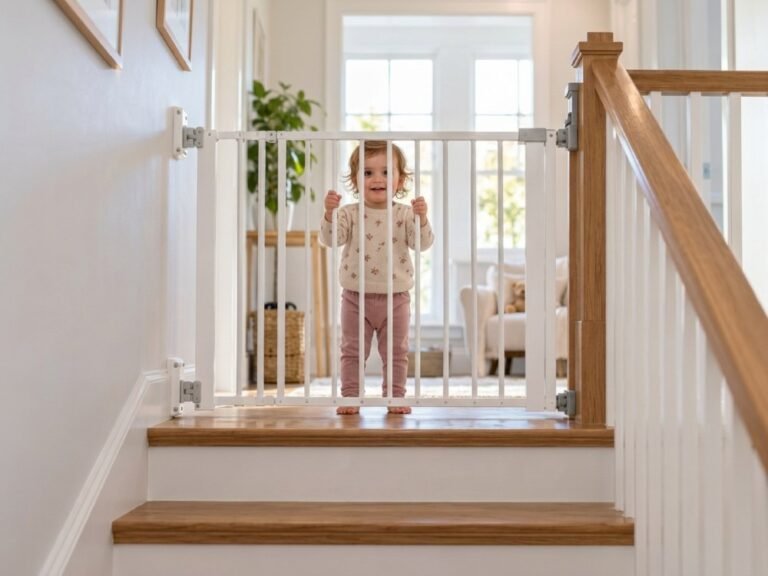 toddler at the top of the stairs behind a safety gate