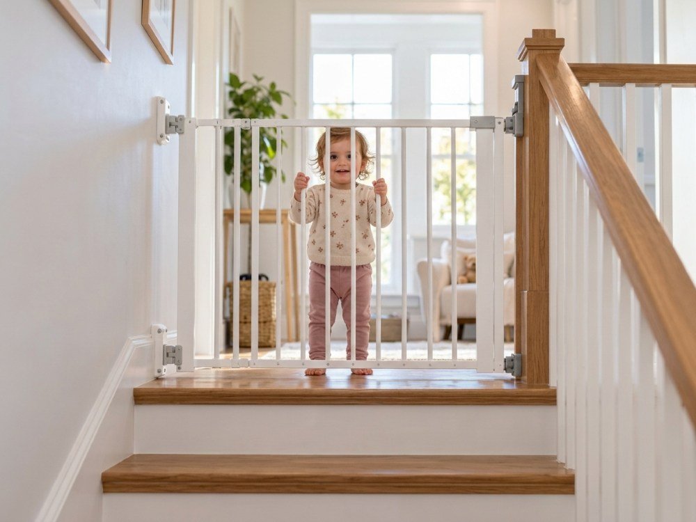toddler at the top of the stairs behind a safety gate