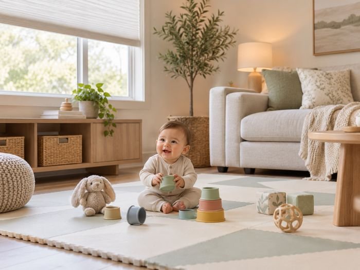 toddle sitting in the living room surrounded by toys